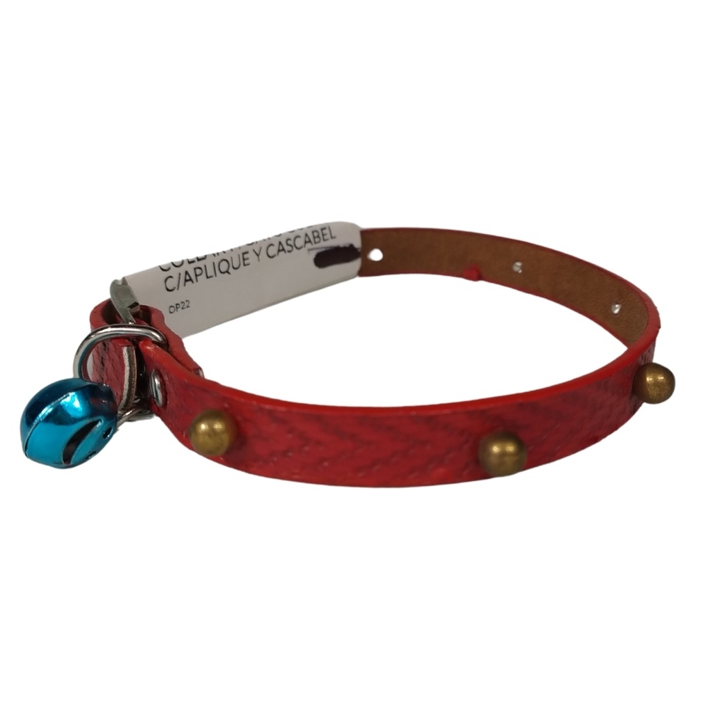 Collar para gato cuero con aplique y cascabel