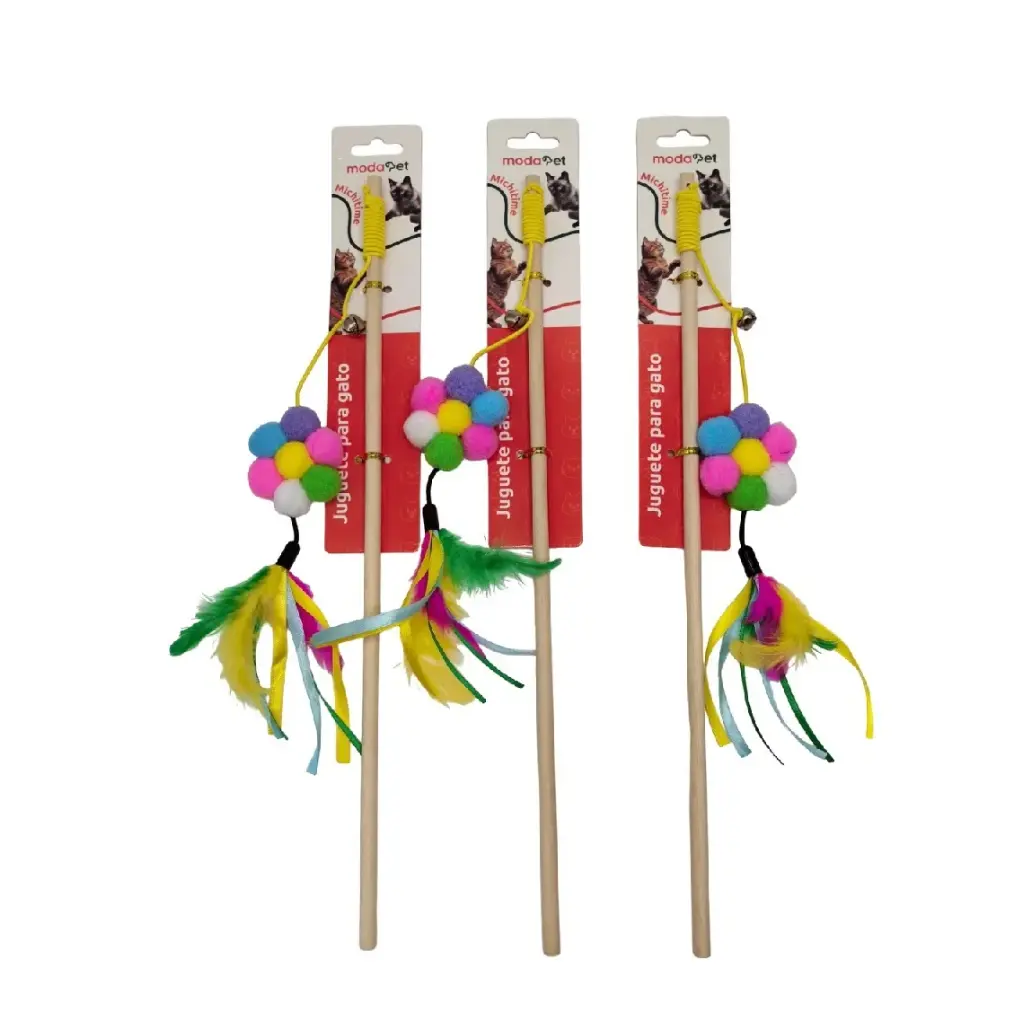 Cañita para gato flor pompones de colores