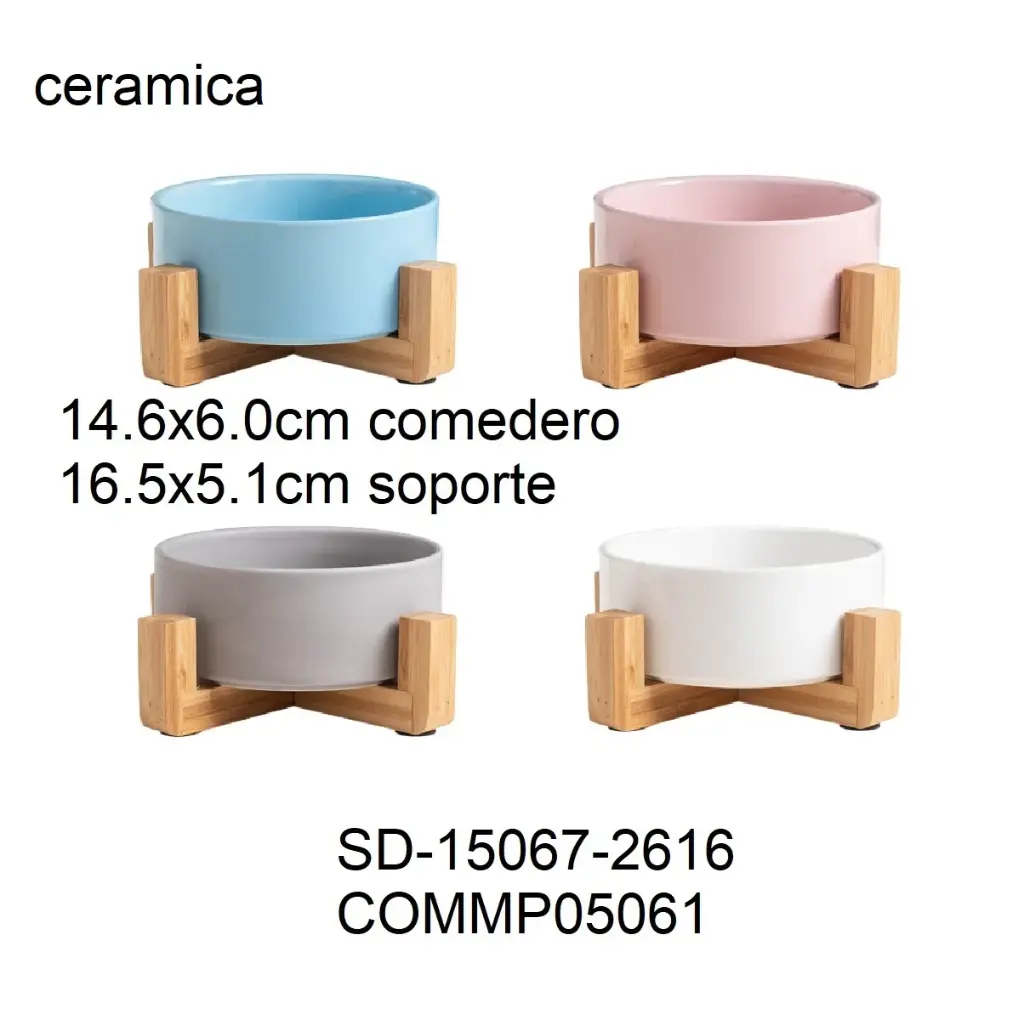 Comedero de cerámica con soporte de madera 14,6 x 6cm