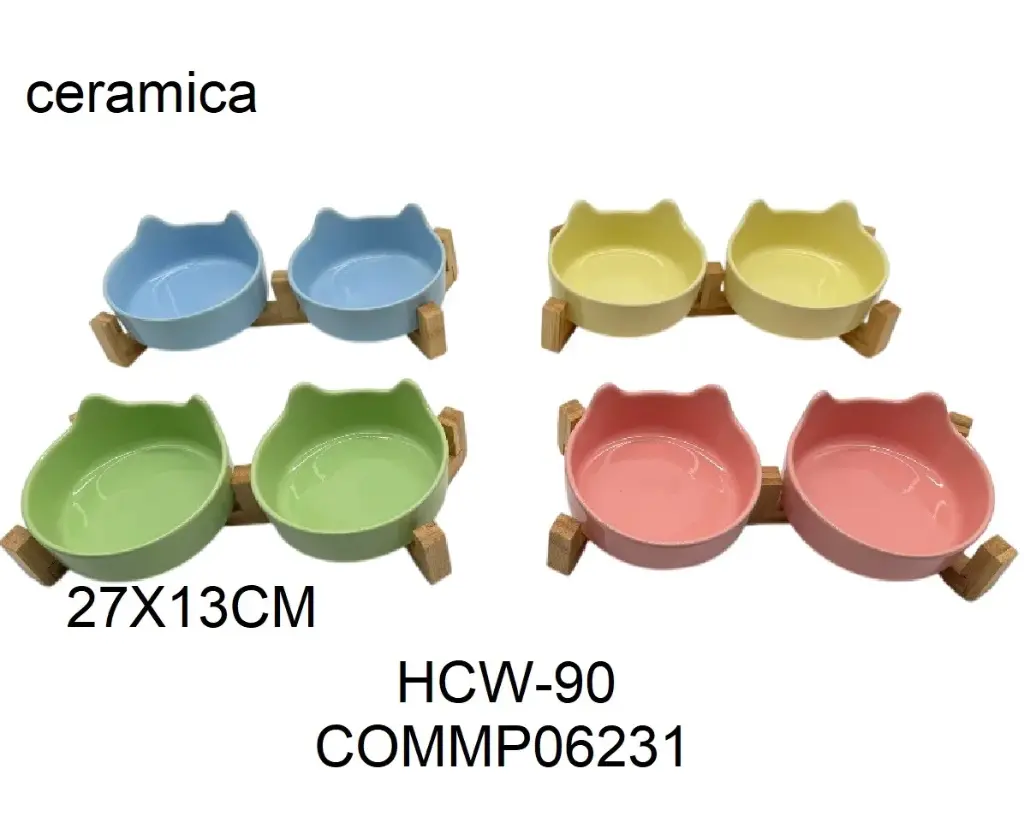Comedero de cerámica doble con soporte de madera 27 x 13cm