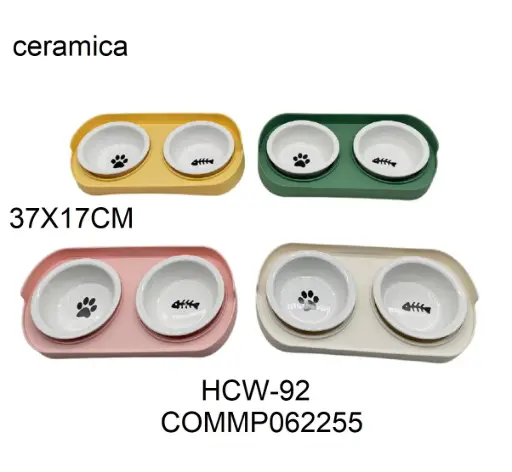 [6937260106255] Comedero de cerámica doble con soporte plástico 37x17cm